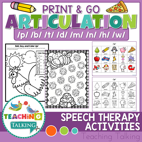 Teaching Talking Printable Print and Go Articulation Activities for P, B, T, D, M, N, H, W