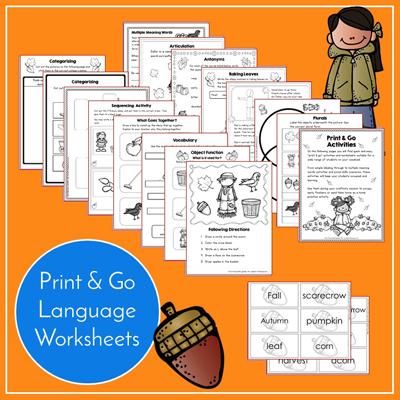 Teaching Talking Printable Print & Go Language Activity Worksheets for Fall