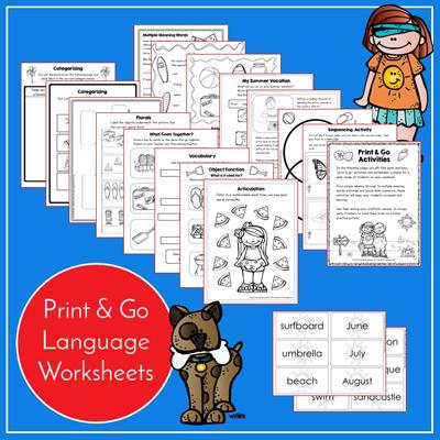 Teaching Talking Printable Print & Go Language Activity Worksheets for Summer