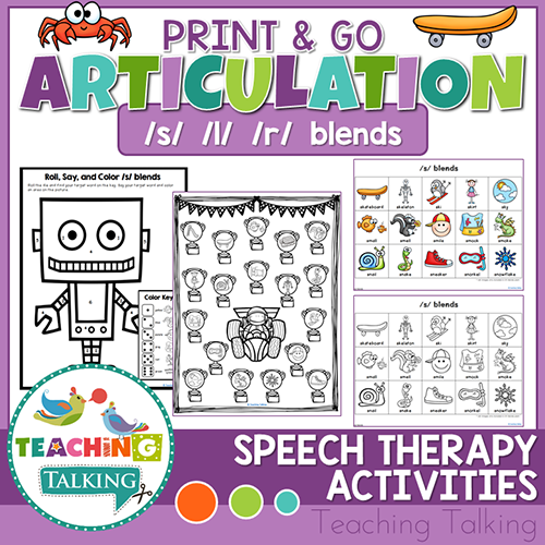Teaching Talking Printable Print and Go Articulation Activities for Blends S, L, R