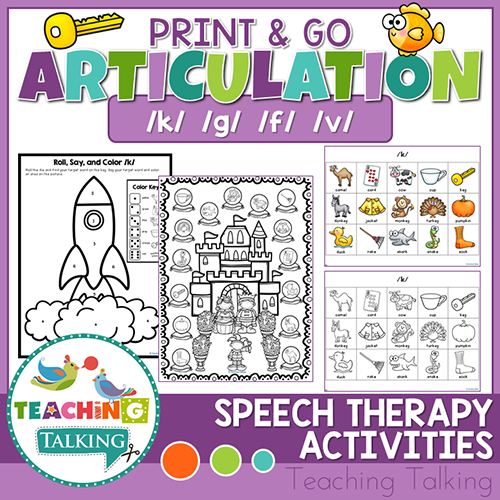 Teaching Talking Printable Print and Go Articulation Activities for K, G, F, V