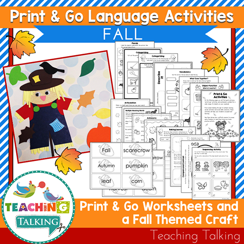 Teaching Talking Printable Print & Go Language Activity Worksheets for Fall