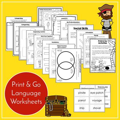 Teaching Talking Printable Print & Go Language Activity Worksheets for Pirates