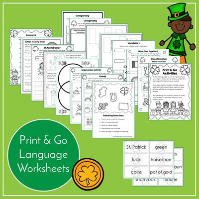 Teaching Talking Printable Print & Go Language Activity Worksheets for St. Patrick's Day