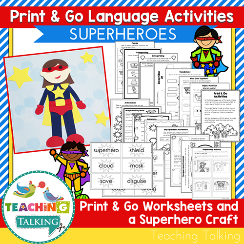 Teaching Talking Printable Print & Go Language Activity Worksheets for Superheroes