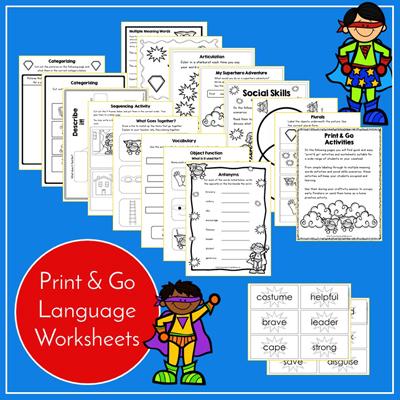 Teaching Talking Printable Print & Go Language Activity Worksheets for Superheroes