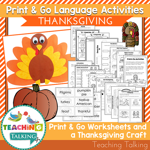 Teaching Talking Printable Print & Go Language Activity Worksheets for Thanksgiving