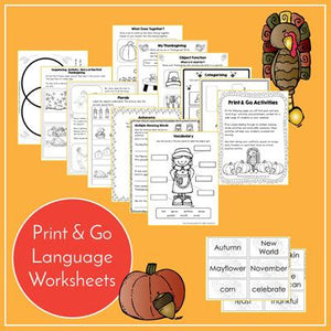 Teaching Talking Printable Print & Go Language Activity Worksheets for Thanksgiving