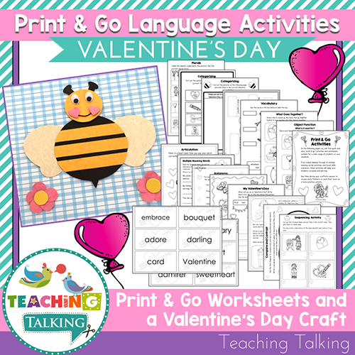Teaching Talking Printable Print & Go Language Activity Worksheets for Valentine's Day