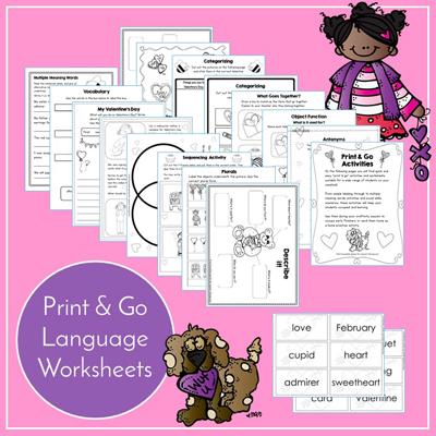 Teaching Talking Printable Print & Go Language Activity Worksheets for Valentine's Day